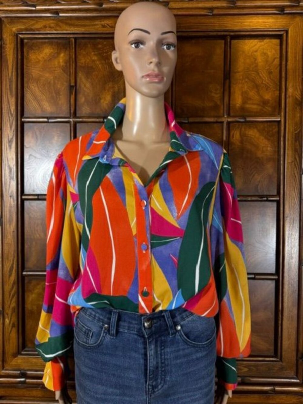 Crepe Jewel Tone Geo Print Puff Shoulder Balloon Sleeve Button Down Shirt
